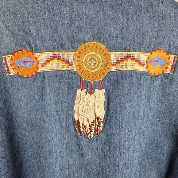Crazy Cowboy Rodeo Western Shirt Mens XL Aztec L/S Embroidered Denim Chambray - Picture 7 of 7
